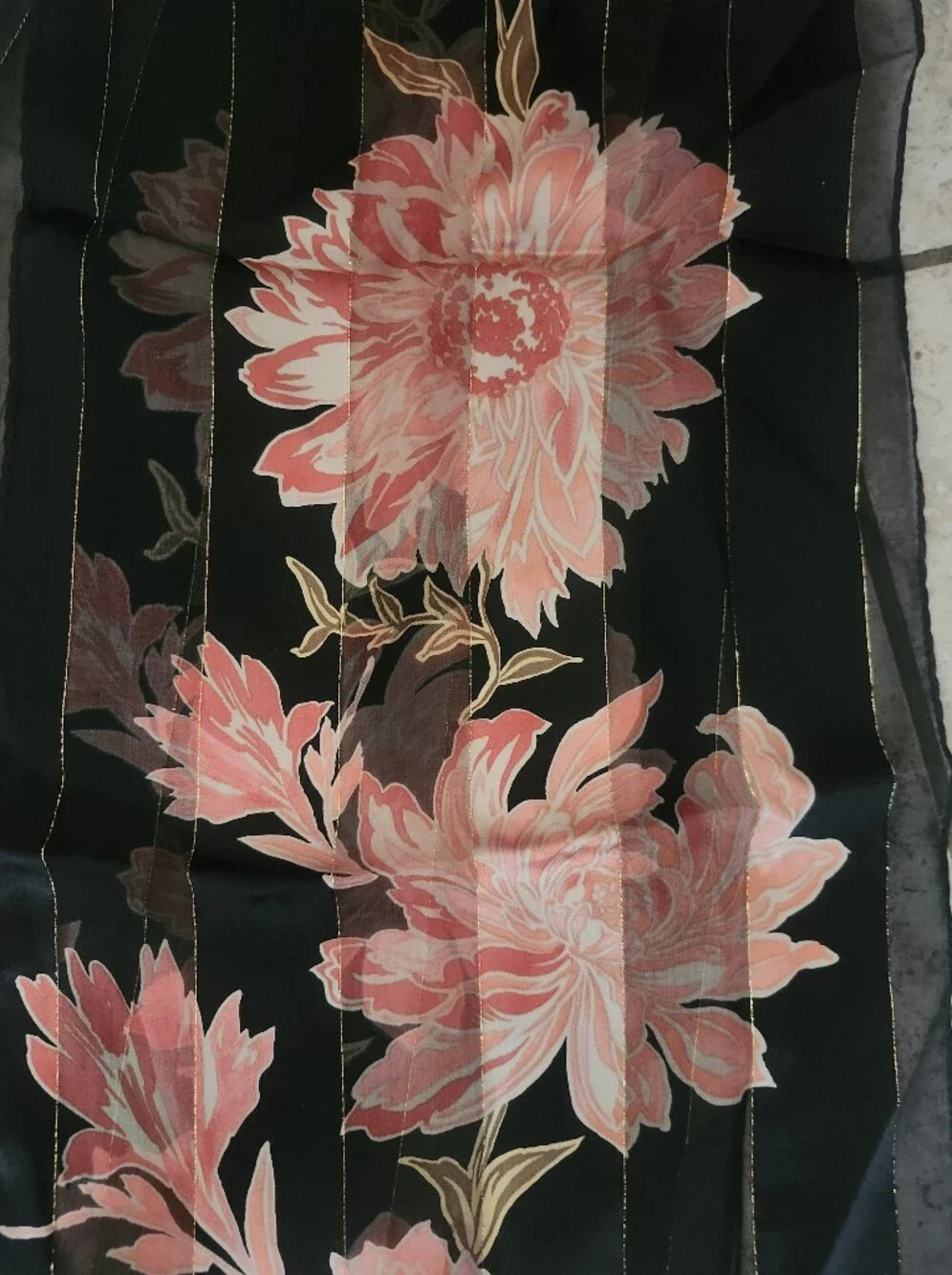 Vtg Sheer Black Floral Silk Scarf with Pink Bloom Print